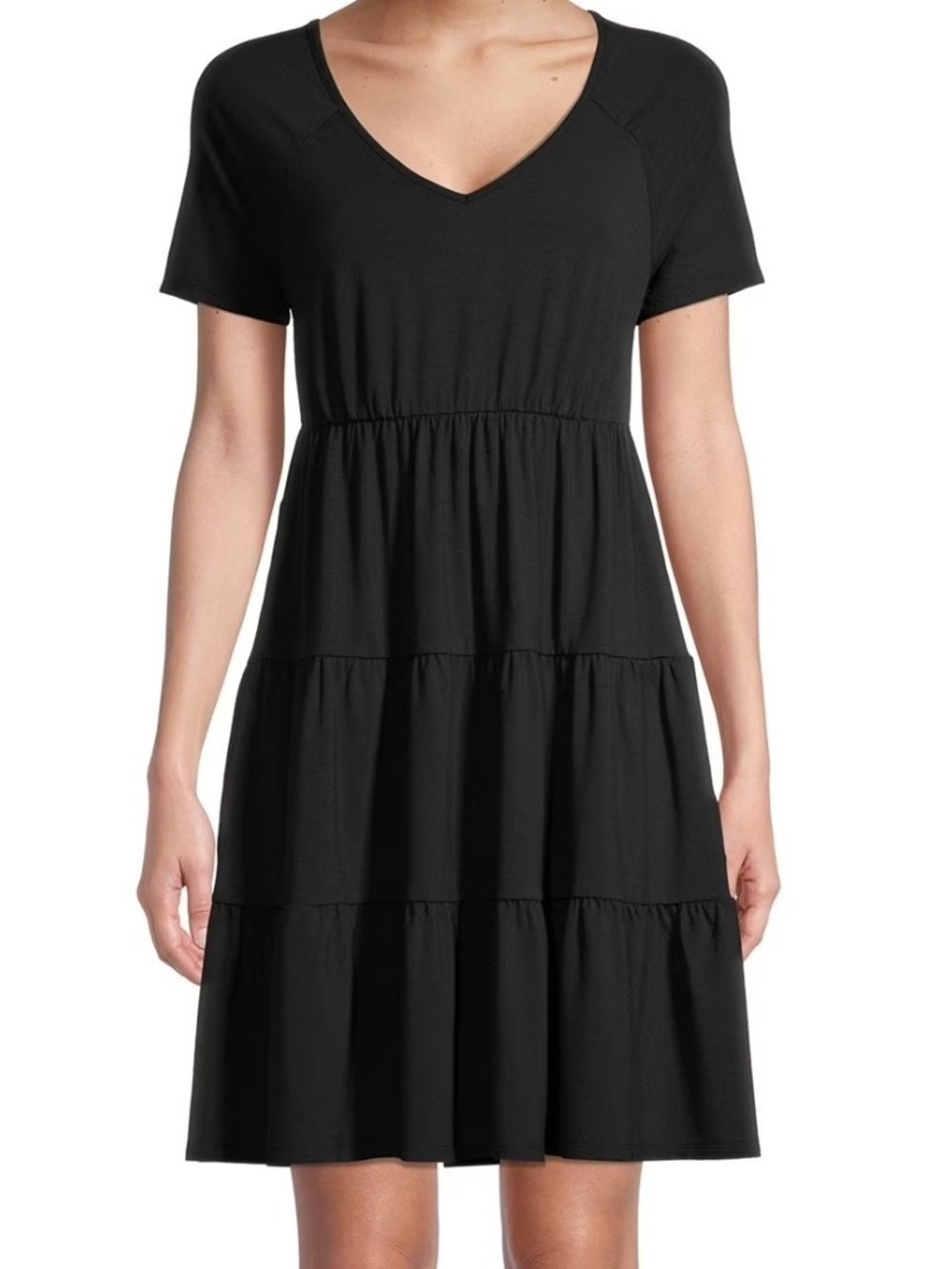 Black V-Neck Tiered Short Sleeve Dress M